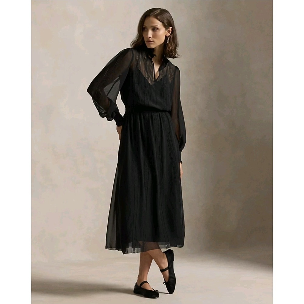Polo Ralph Lauren Women Black Inset-Lace Georgette Dress Size 2 NWOT